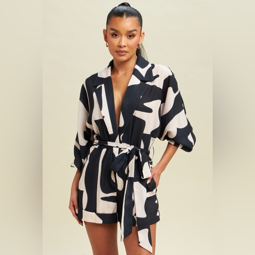 NEW Abstract Linen Romper in Black Taupe, Medium
